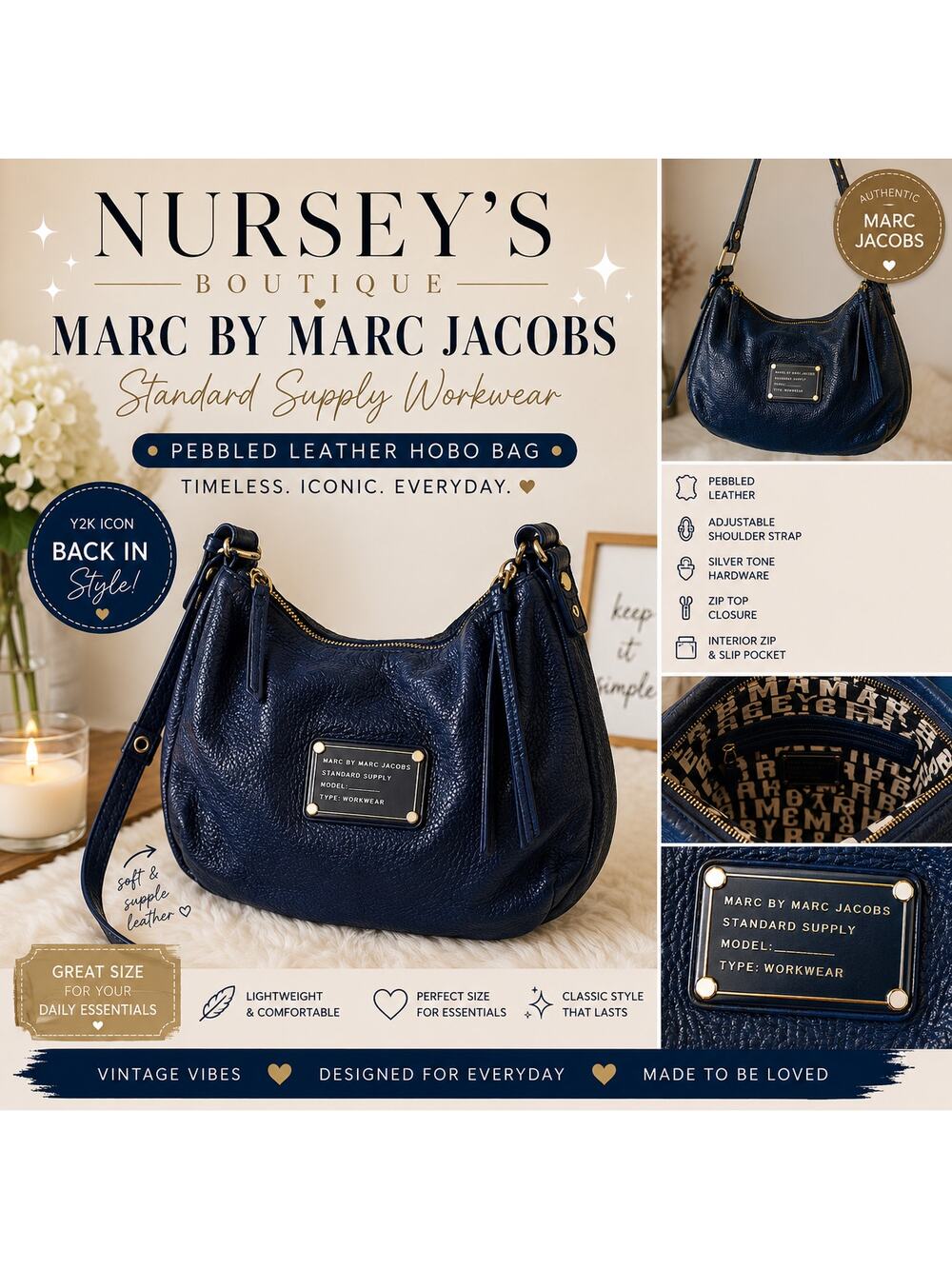 Marc by Marc Jacobs Standard Supply Workwear Leather Hobo Shoulder Bag Blue